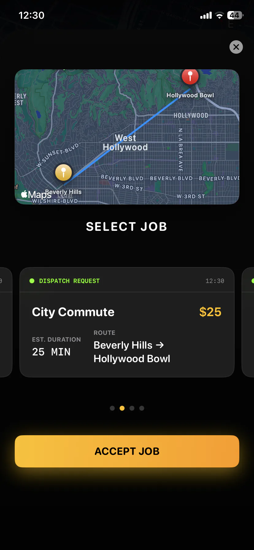 FocusCab dispatch board offering a City Commute job: 25 minutes, $25 fare, Beverly Hills to Hollywood Bowl