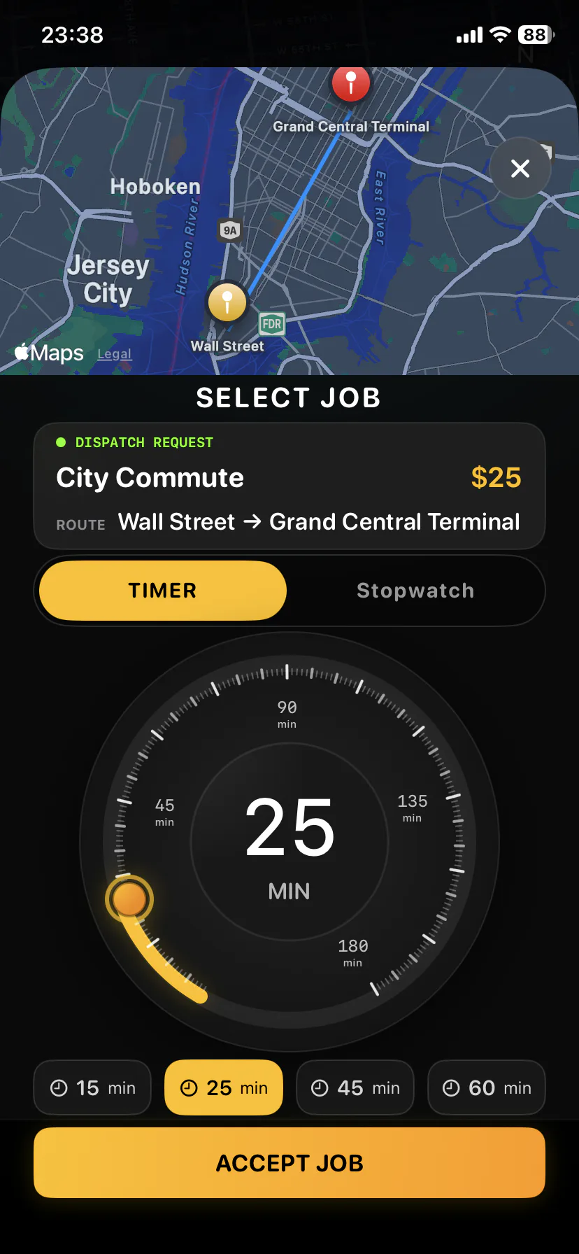 FocusCab dispatch screen with a rotary dial to set shift duration and 15, 25, 45 and 60 minute presets