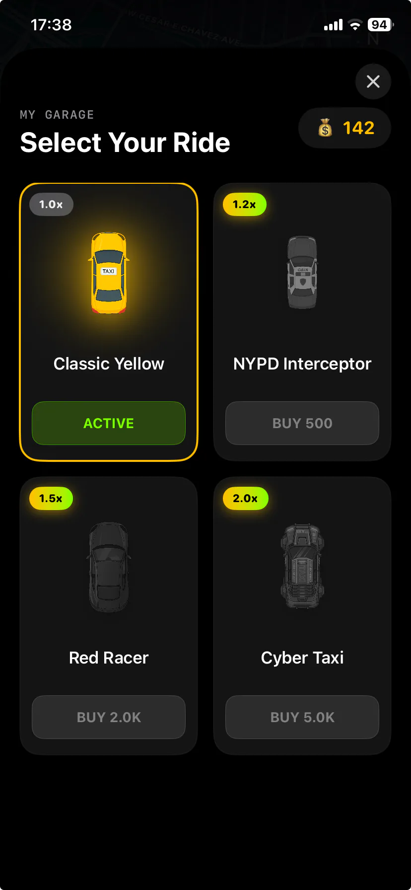 FocusCab garage screen with Classic Yellow active and NYPD Interceptor, Red Racer and Cyber Taxi available for coins