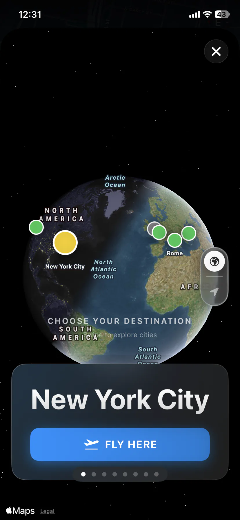 FocusCab World Tour city picker: a 3D globe with New York City selected and a Fly Here button