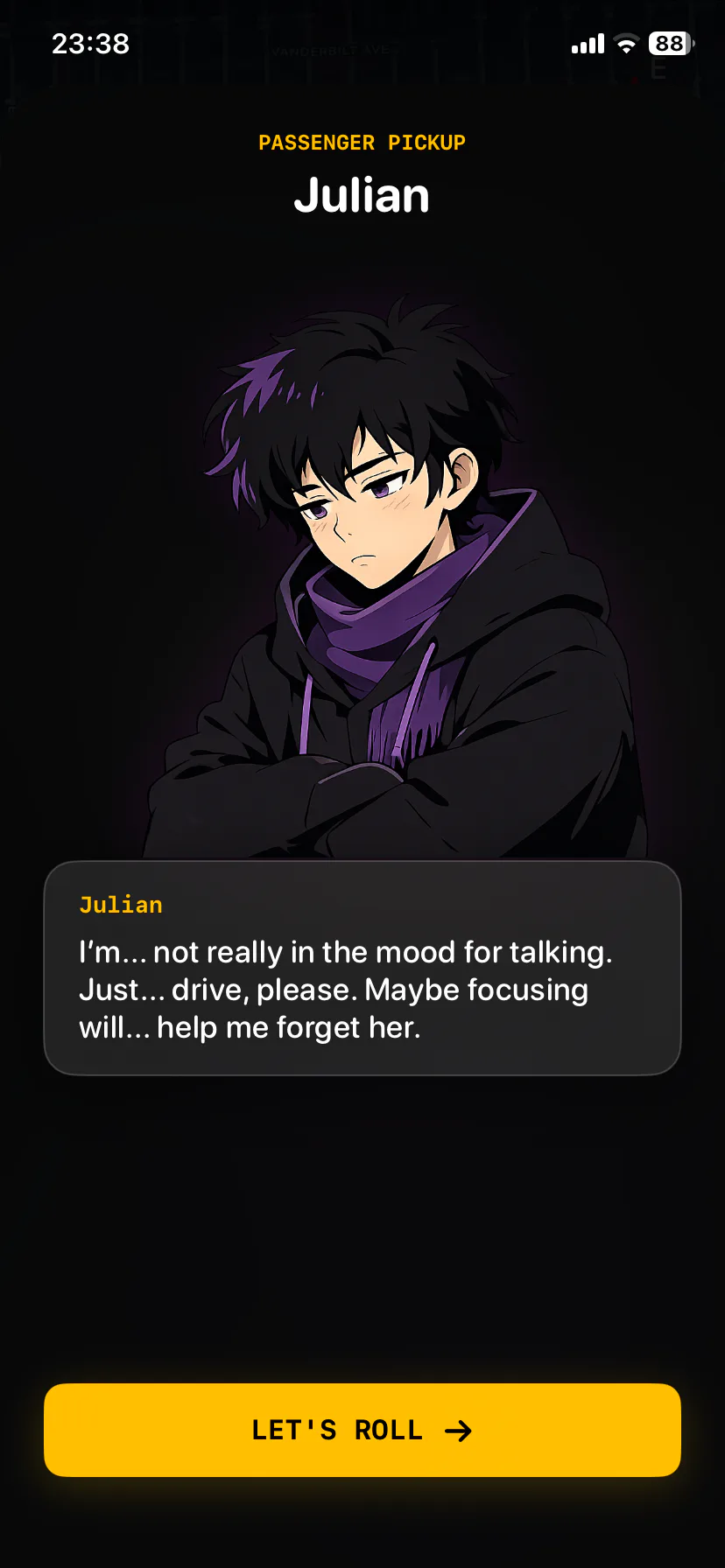 FocusCab passenger pickup screen introducing Julian, an anime character asking to be driven in silence