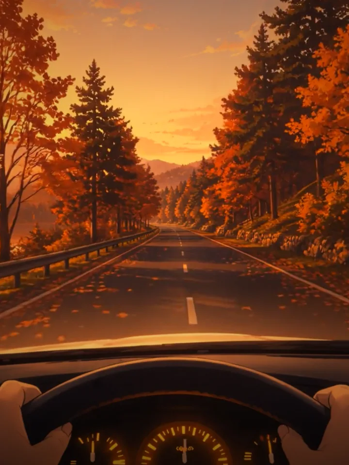 FocusCab Lo-Fi Drive Autumn Drive scene artwork: a drive through autumn trees at sunset
