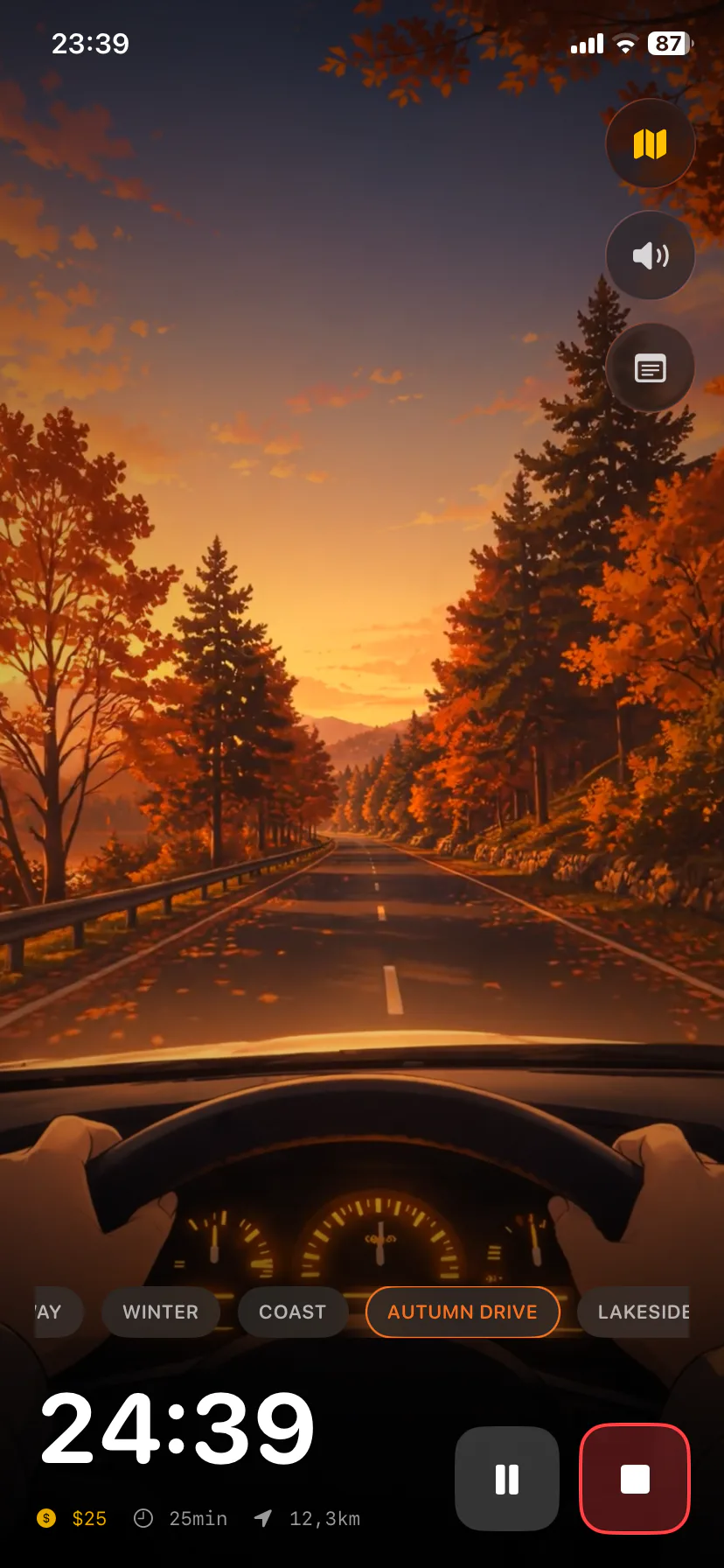 FocusCab Lo-Fi Drive Autumn Drive scene: an animated drive through autumn trees at sunset with the timer running