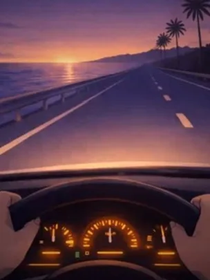 FocusCab Lo-Fi Drive Coast scene artwork: a coastal highway at sunset