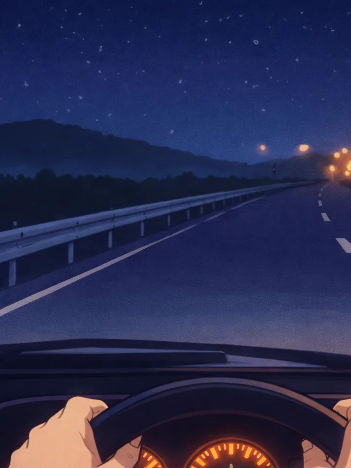 FocusCab Lo-Fi Drive Highway scene artwork: a night highway under stars with dashboard gauges glowing