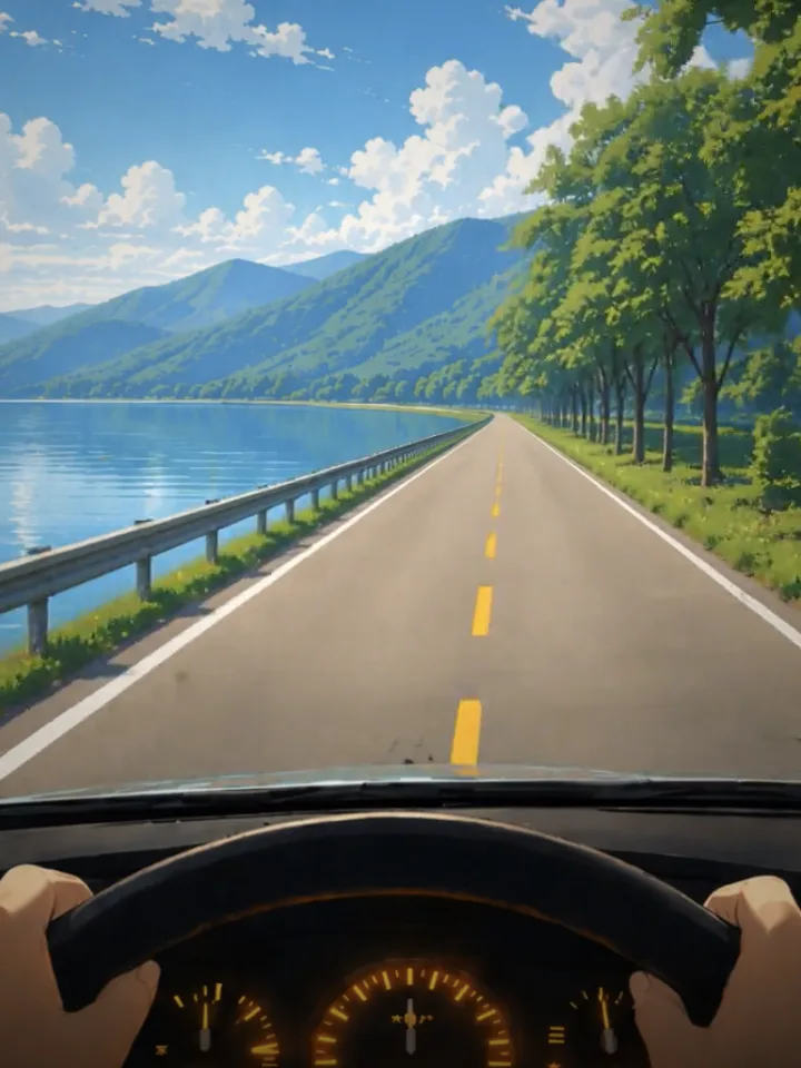 FocusCab Lo-Fi Drive Lakeside Road scene artwork: a drive along a blue mountain lake