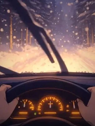 FocusCab Lo-Fi Drive Winter scene artwork: a snowy forest road at night