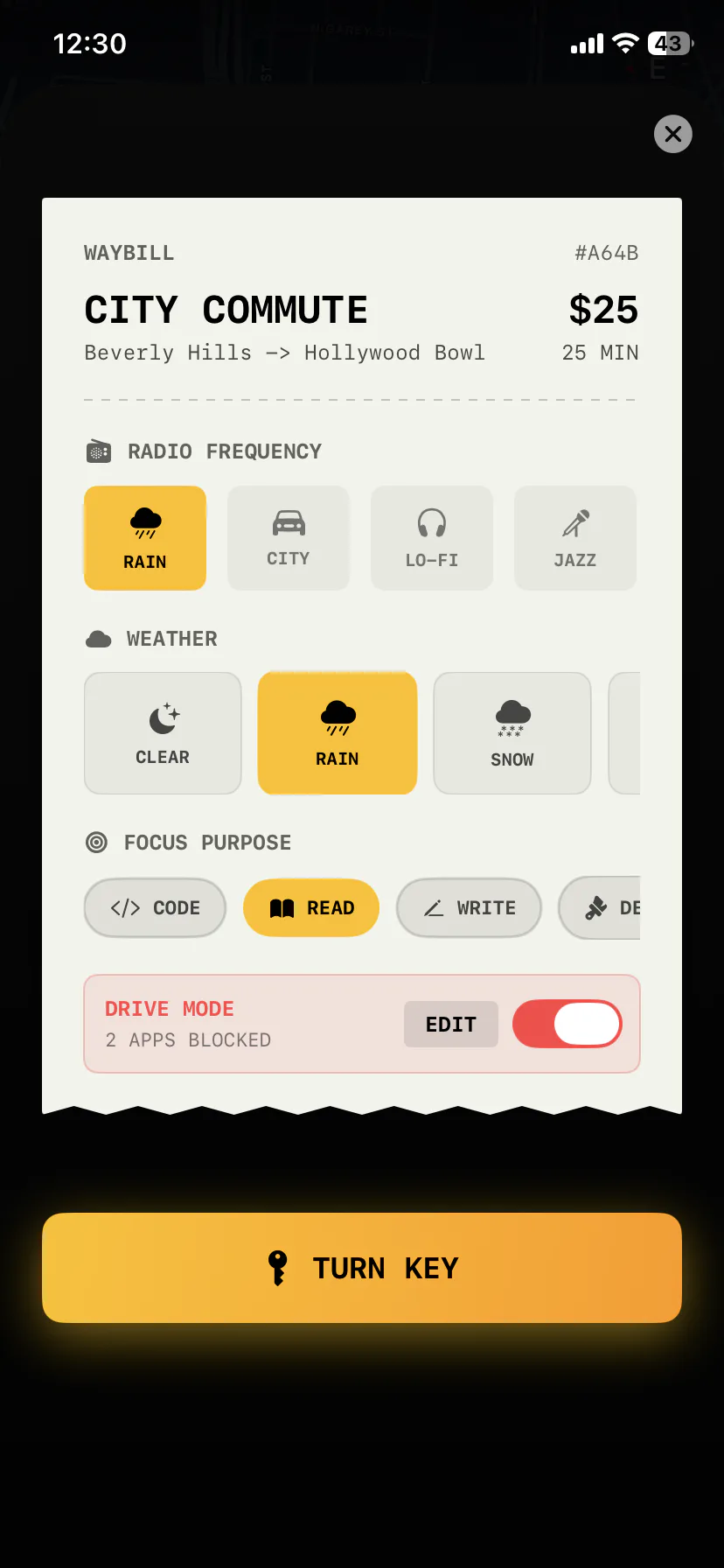 FocusCab waybill screen with radio frequency, weather, focus purpose and Drive Mode app blocker, above a Turn Key button